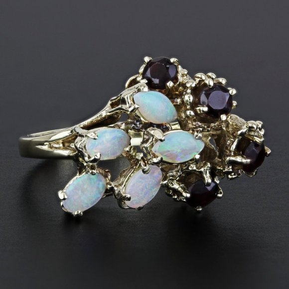 Vintage 14k Yellow Gold Opal & Garnet Branch & Flower Cocktail Ring